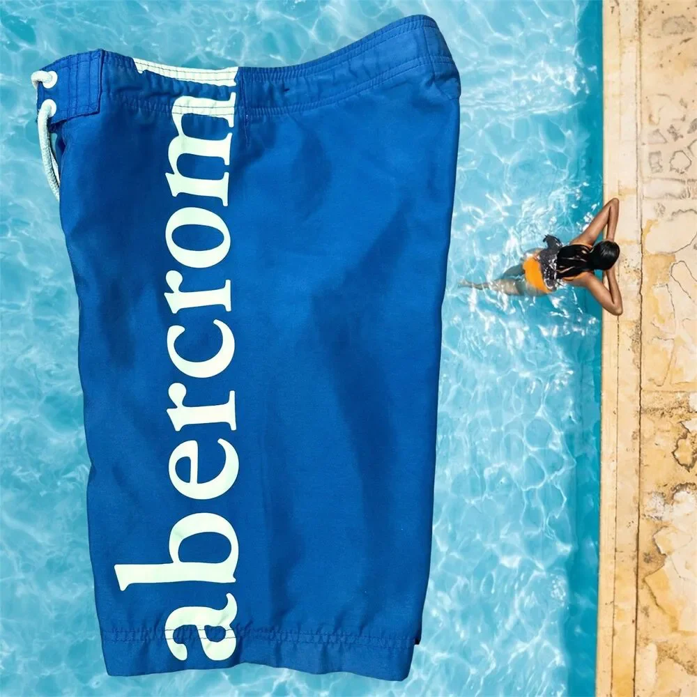 Abercrombie & Fitch Men's Blue Logo Board Shorts Y2K Swim Trunks Size 29